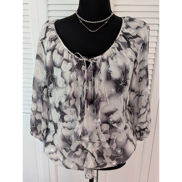 WHBM Silk Blouse Women's S Black White Silver Clip Dot Floral Ruched Romantic - Picture 1 of 13